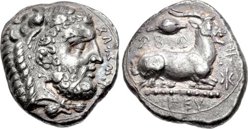 Evagoras Stater, Bearded head of Herakles right, (Euagoro in Cypriot) / Ram right; barley grain above. Courtesy of CNG